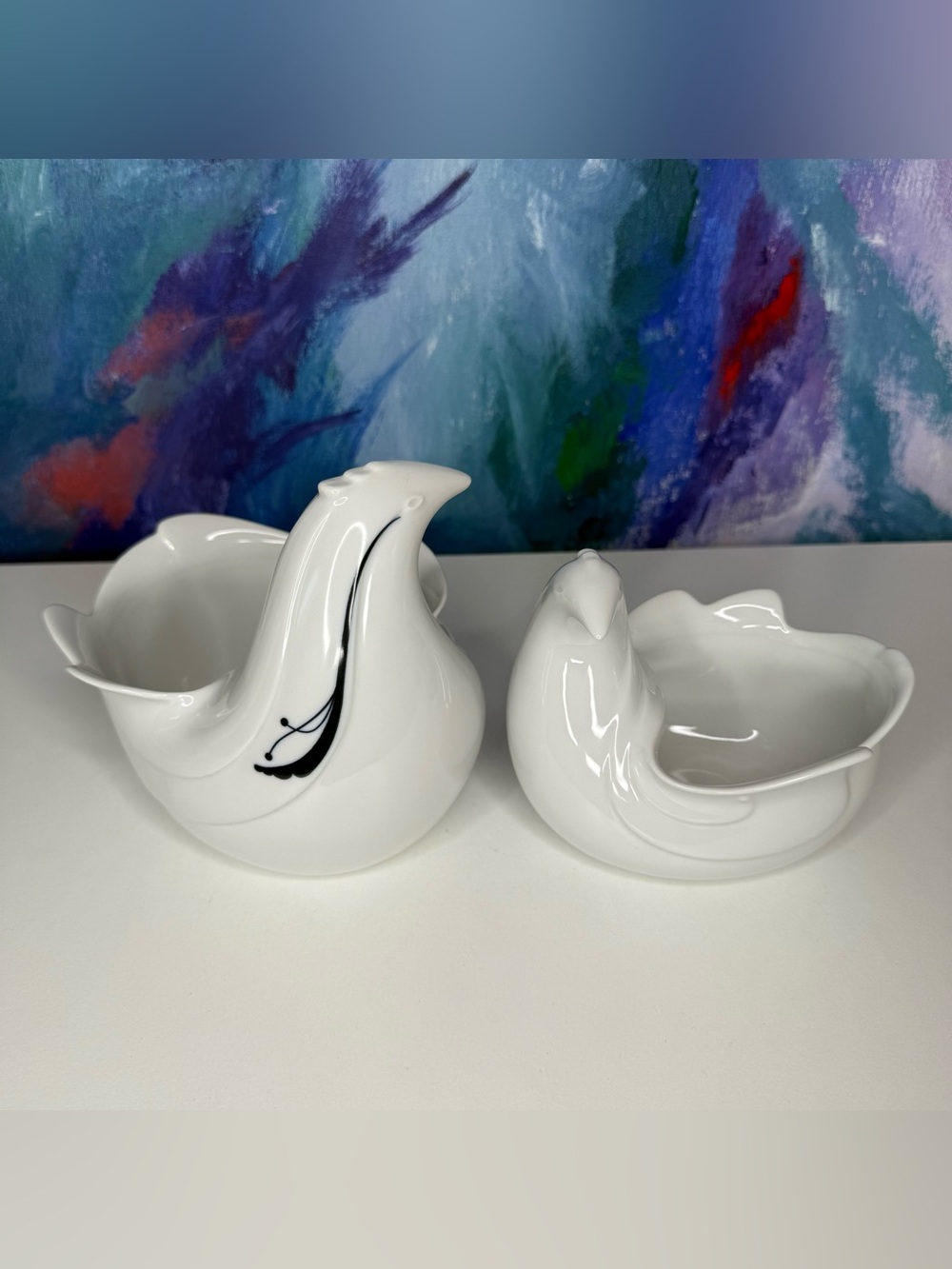 Pair Dansk Flora MCM Bird Serving Bowl Planter White Porcelain Made In Japan